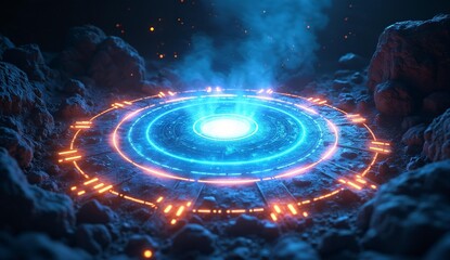 Glowing Circular Portal with Blue and Orange Lights on Rocky Terrain