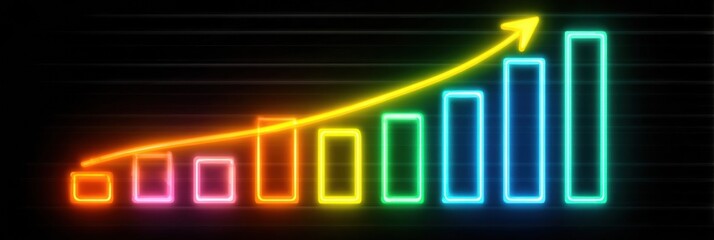 Trendy Neon Graphic Representing Business Growth With Vibrant Colors and Upward Arrow on Black Background