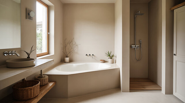Modern beige bathroom with corner tub and window.
