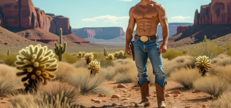 A muscular, shirtless cowboy stands confidently in a sunlit desert landscape, wearing classic blue jeans and a white hat. The rugged and strong figure embodies western fashion photography