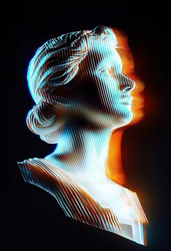 Classical stone statue distorted with orange and cyan frosted glass shapes refracting effect in front of its face. Retro futuristic, glitch art, orange and blue background.
