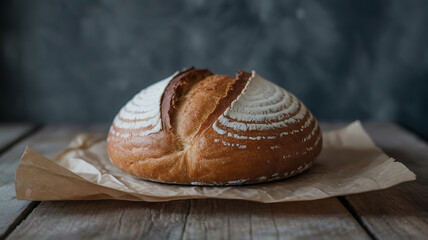 Artisan bread, crusty and golden, on parchment paper.
