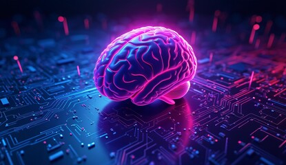 A glowing brain with neon circuits set against a futuristic circuit board background
