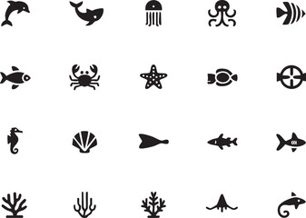 Fototapeta premium Ocean life vector icon set solid style dolphin,shark,jellyfish,octopus,fish,crab,starfish,seahorse,shell,coral