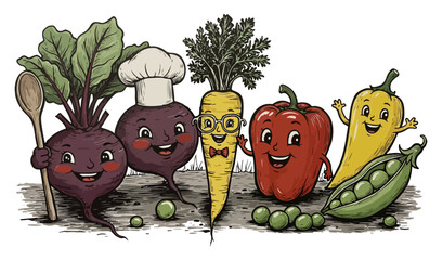Funny cartoon vegetables with smiles and chef hat on colorful background