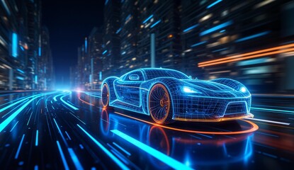 Futuristic Sports Car Racing Through a Neon-Lit Cityscape at Night
