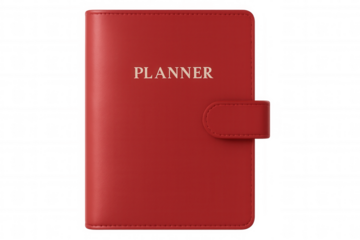 Closed red leather planner with golden inscription on transparent background, representing scheduling, organization, and productivity