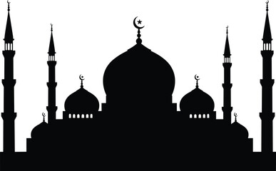 Islamic mosque silhouette, black architecture design, minaret and dome art, religious building vector, Muslim place, spiritual clipart, Eid Ramadan graphic