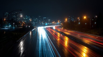 A long-exposure shot of a futuristic, rain-slicked highway at night, flanked by softly glowing city buildings in the distance and illuminated by bright streetlights.