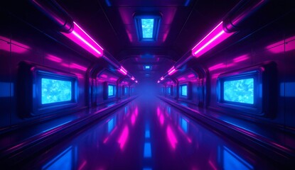 Neon-lit futuristic corridor with reflective floors and illuminated panels