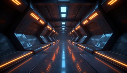 Fototapeta premium Futuristic Corridor with Illuminated Panels and Orange Lighting
