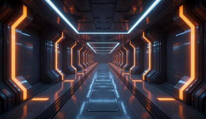 Futuristic Corridor with Neon Lighting and Reflective Floor