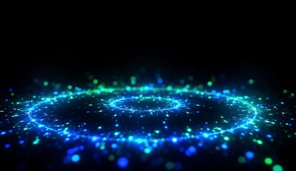 Vibrant Spiral of Blue and Green Particles on a Dark Background