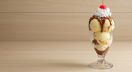 A classic vanilla ice cream sundae in a tall glass swirl of whipped cream, colorful sprinkles, and a bright red maraschino cherry. Shot on a light, minimalist wooden background with soft natural light