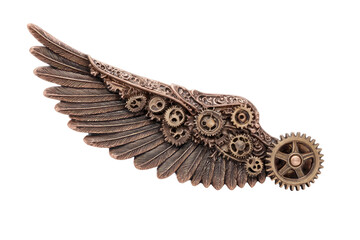 Ornate steampunk wing with gears.  A detailed wing,  bronze colored,  is embellished with numerous gears.  Complex patterns decorate the wing's edge