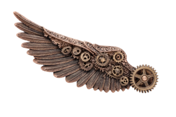 Ornate steampunk wing with gears.  A detailed wing,  bronze colored,  is embellished with numerous gears.  Complex patterns decorate the wing's edge