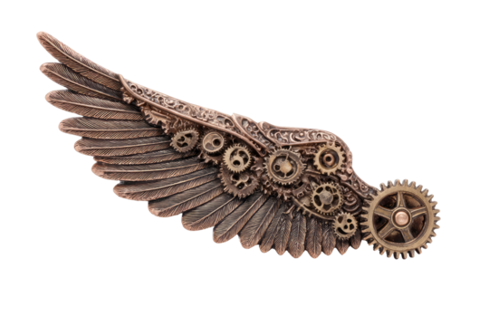 Ornate steampunk wing with gears.  A detailed wing,  bronze colored,  is embellished with numerous gears.  Complex patterns decorate the wing's edge