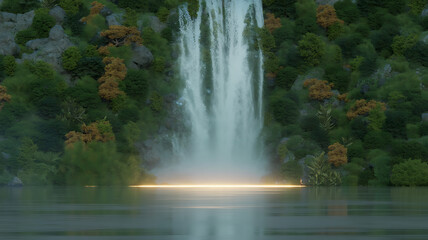 Obraz premium Majestic waterfall cascading into a tranquil lake. 