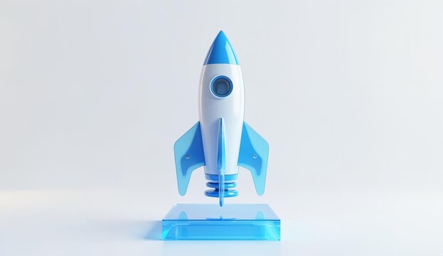 Blue and White Rocket Model on Transparent Base - Powered by Adobe
