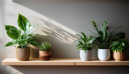 Obraz premium indoor greenery on wooden shelves is a modern minimalist decor concept of ecological interior design