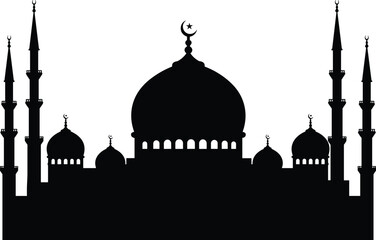 Islamic mosque silhouette, black vector artwork, crescent dome design, tall minaret illustration, religious architecture, Muslim holy place graphic