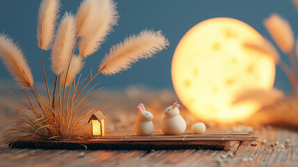 Miniature Rabbits under Glowing Harvest Moon