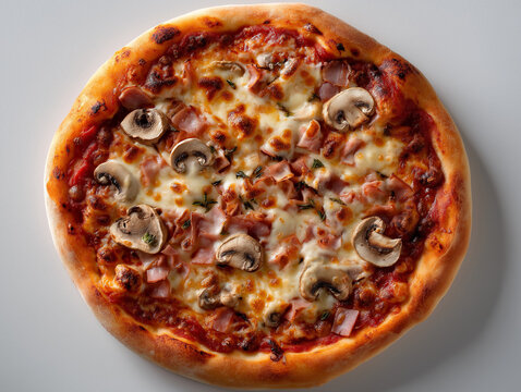 Top-down view of a classic 'Pizza Reine' on a pure white background. The pizza features a thin, crispy, golden crust with rustic edges. A rich tomato sauce base is spread evenly, topped with melted mo