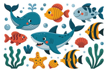 Naklejka premium Cartoon ocean life illustration featuring a whale shark fish starfish and other marine animals