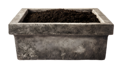 A concrete flower planter (large square design) with empty soil, isolated on a Transparent background