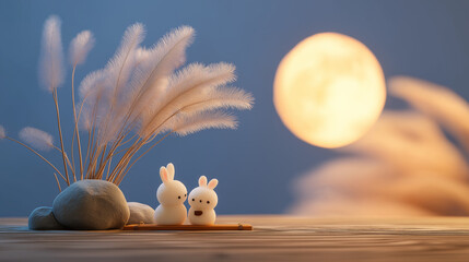 Cute Rabbits Under a Full Moon Night Sky