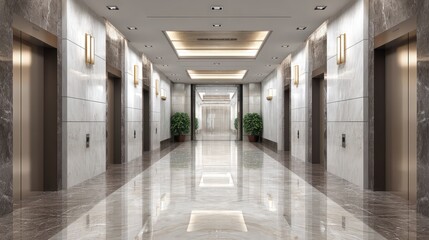 Modern elevator corridor featuring sleek design, polished floors, and contemporary lighting for a sophisticated ambiance.