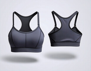 3D mockup of women's dark grey sports bra, front and back.
