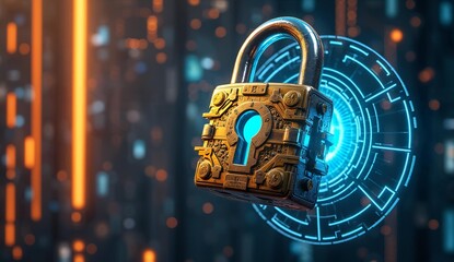 Digital Security Concept: Ancient Lock with Futuristic Interface