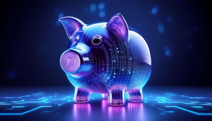 cheerful blue piggy bank with futuristic glowing patterns symbolizing modern savings and technology placed dark surface with light purple