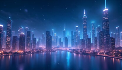 Fototapeta premium Futuristic Cityscape at Night with Illuminated Skyscrapers and Water Reflections