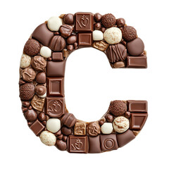 Top view of a 3D letter C made of candy bars isolated on a white transparent background.