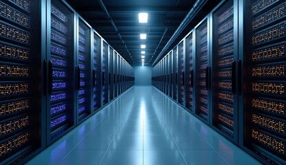 Server Room with Rows of Illuminated Data Storage Units