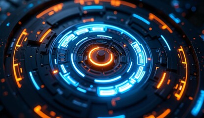 Futuristic Circular Interface with Glowing Blue and Orange Lights