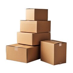 A clean, isolated shot of a group of five brown cardboard boxes of various sizes, stacked together to form a small pile. 
