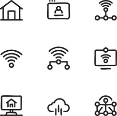 Smart home and networking vector icon set hand drawn style house,video call,wireless connection,cloud computing,smart tv,network,data transfer,automation