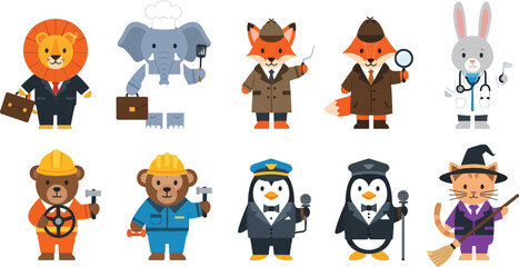Cartoon animals dressed in various professions including detective doctor and construction worker