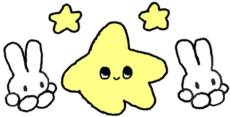 별 캐릭터와 토끼 친구들이 함께 있는 귀여운 손그림 일러스트