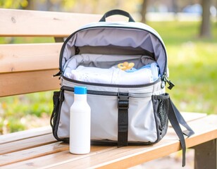 A fully packed diaper bag with baby essentials and bottle on a bench in the park.