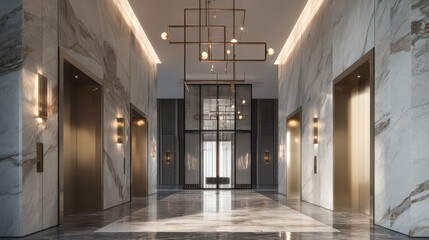 Modern elevator lobby with luxurious marble walls and elegant lighting fixtures, creating a sophisticated ambiance.