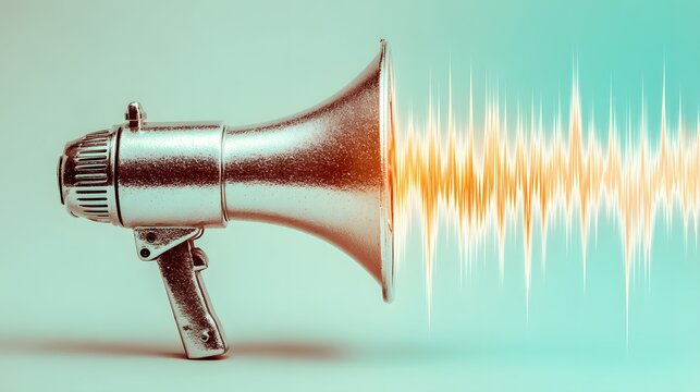 Silver megaphone with sound waves emanating on a light blue background.