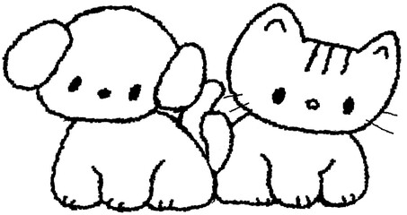 나란히 앉아 있는 강아지와 고양이 캐릭터 라인 드로잉 손그림
