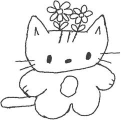 꽃 과 고양이 캐릭터 라인 드로잉 손그림