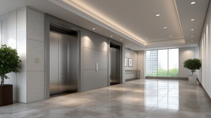 Obraz premium Modern elevator lobby with sleek design, abundant natural light, and contemporary finishes, showcasing a professional workplace atmosphere.
