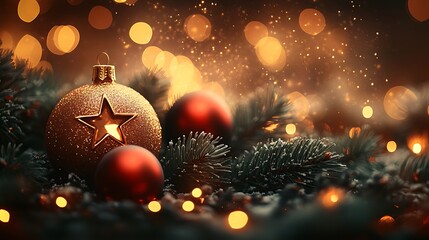 Fototapeta premium Festive christmas decorations with golden and red ornaments.