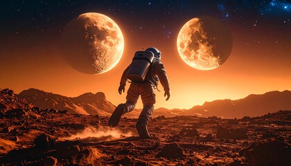 Astronaut running on alien planet, two large moons